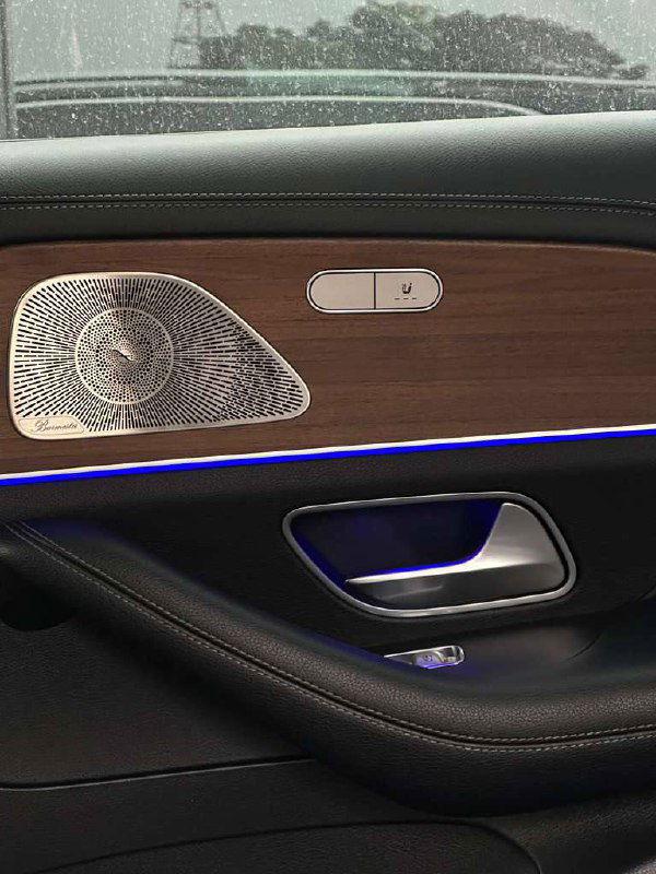 Крупный план декоративной решётки динамика и элементов отделки дверной панели Mercedes GLE 450, контраст подсветки и текстур материалов.