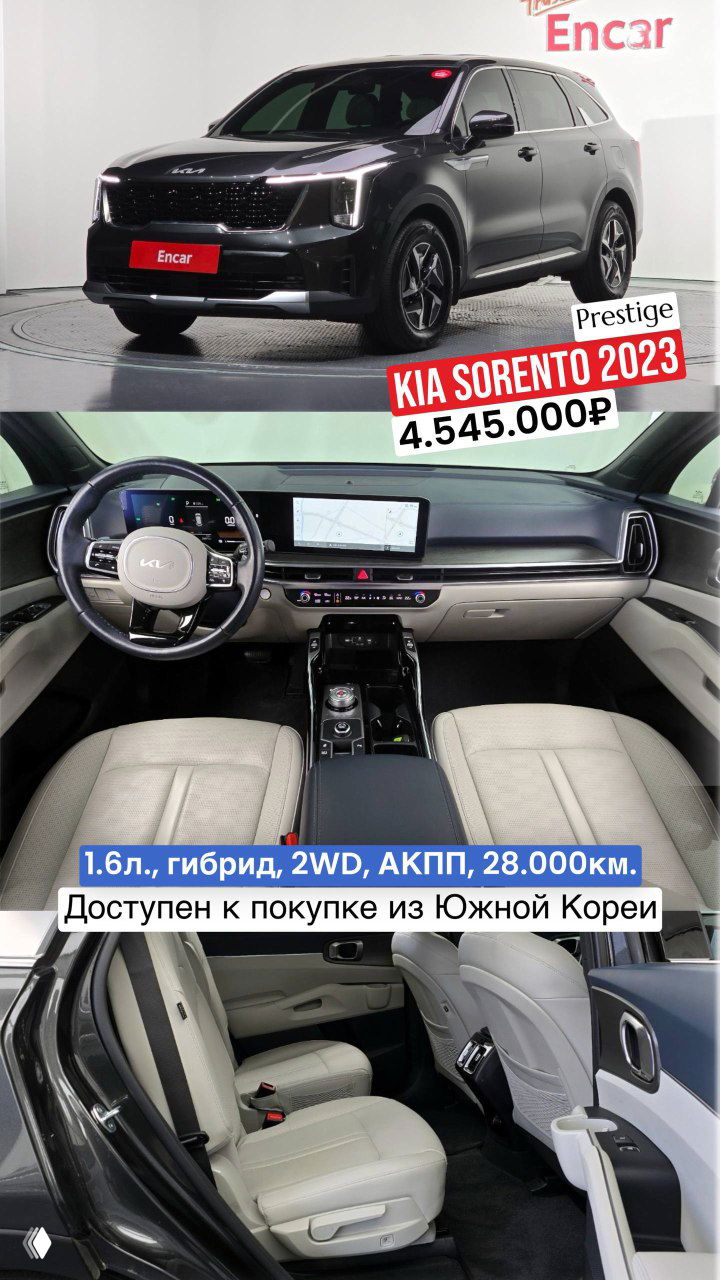 Коллаж чёрного KIA Sorento 2023 и фотографии салона с передним и задним рядами сидений, показаны комплектация Prestige и пробег.