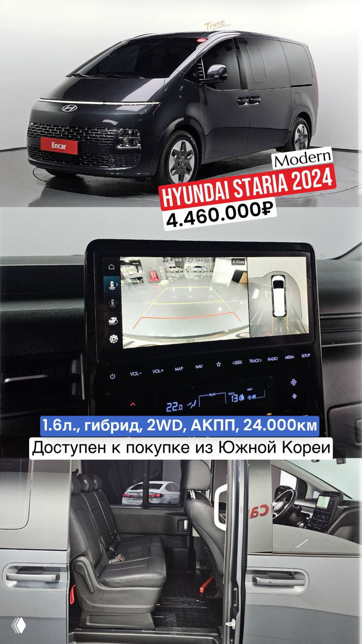 Hyundai Staria 2024 тёмного цвета — вид снаружи, экран мультимедиа и салон; подписи с ценой 4.460.000₽ и пробегом 24.000 км.