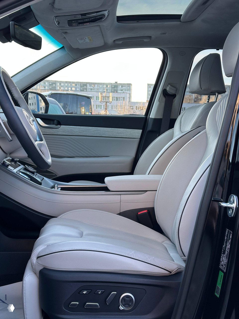 Передние сиденья и панорамная крыша в салоне Palisade — светлая кожа, удобные кресла и декоративная отделка дверей.