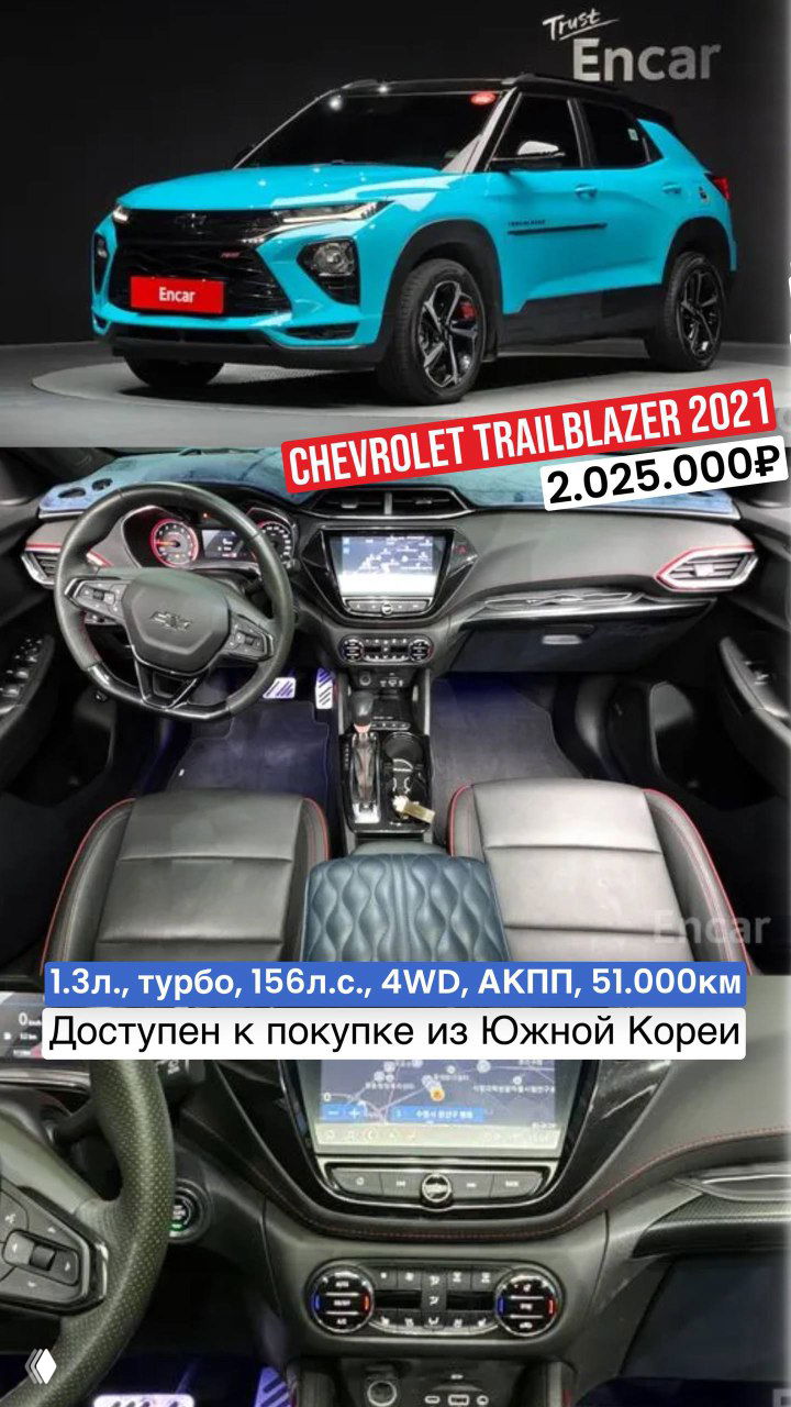 Chevrolet Trailblazer 2021 голубой/бирюзовый — внешний вид и салон с акцентом на центральную консоль; 4WD, пробег 51.000 км, цена 2.025.000₽.