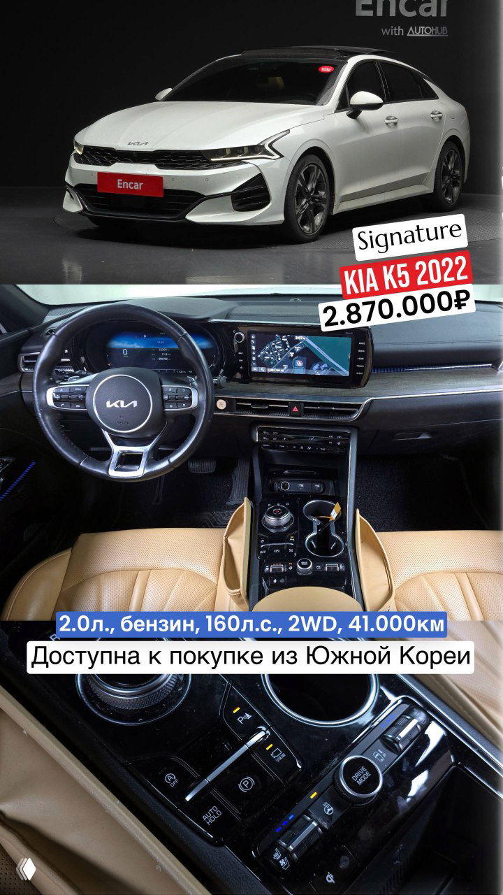 Белый KIA K5 2022 Signature — вид спереди и панель приборов с большим дисплеем; интерьер и центральная консоль, 41 000 км.