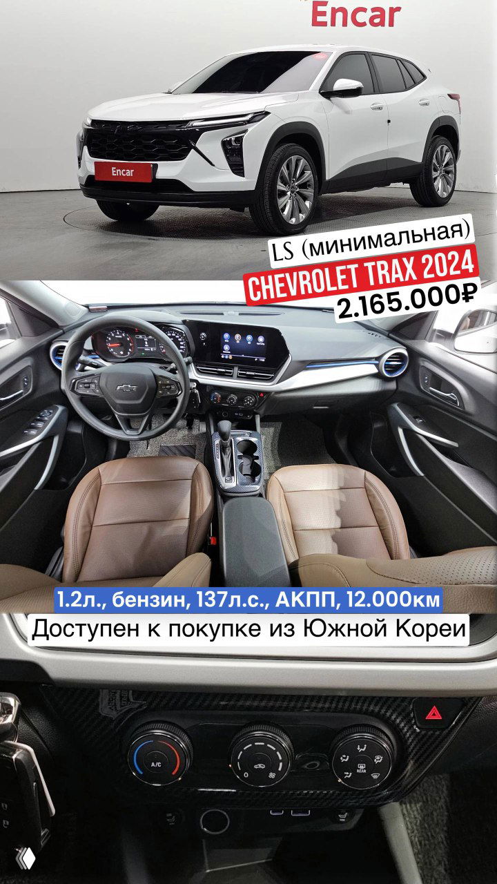 Коллаж: белый Chevrolet Trax 2024 (вид спереди), интерьер с коричневой отделкой и панель приборов; информация о комплектации LS и пробеге 12 000 км.