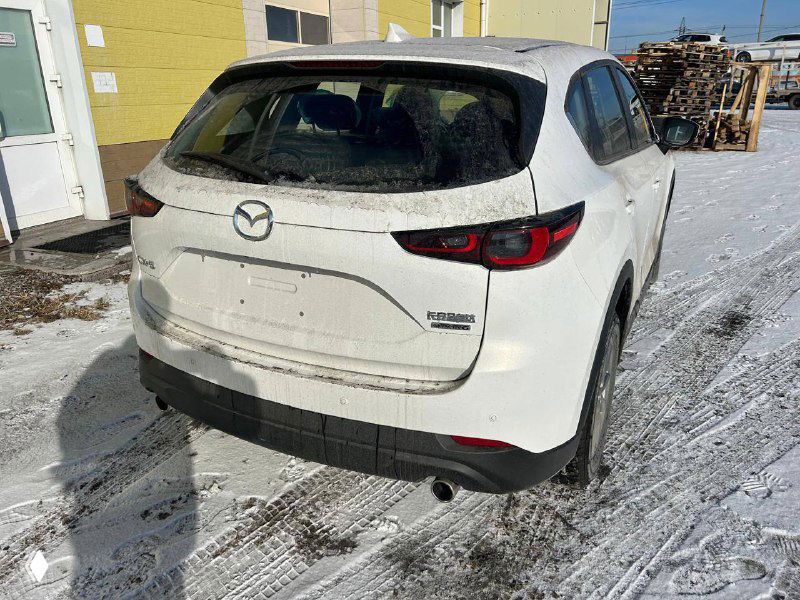 Вид сзади белой Mazda CX-5 2025: багажник, задние фонари и следы грязи на кузове на фоне хозяйственного строения и снега.