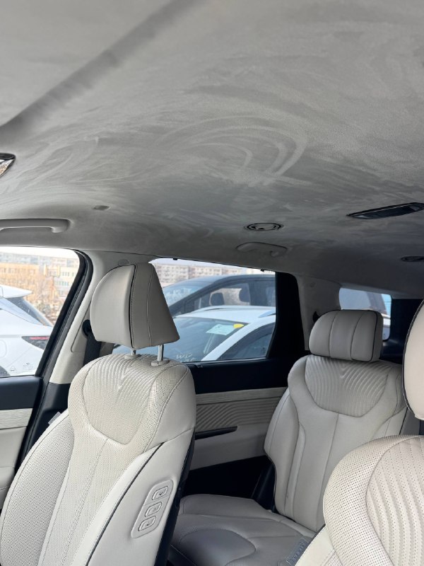 Салон Palisade: передние сиденья в светлой обивке, потолок и интерьерный уголок с обзором на окна и задний ряд, подчёркивает общее состояние салона.