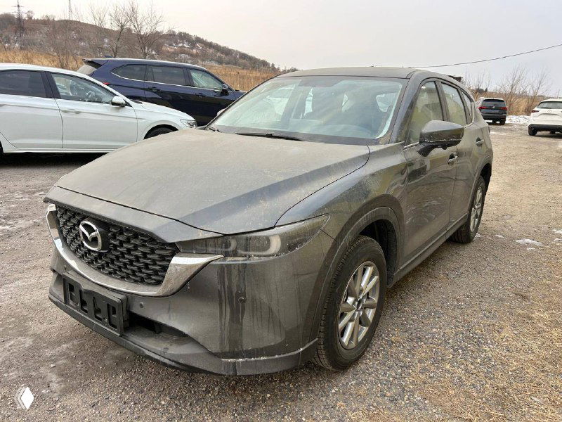 Mazda CX-5 серого цвета на площадке таможни, вид спереди и слева, кузов покрыт следами дорожной грязи после перегрузки и обработки
