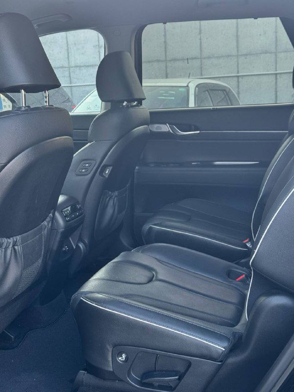 Вид на задние сиденья Hyundai Palisade: второй ряд с кожаной отделкой, пространство для ног и дверные панели, общий обзор задней пассажирской зоны.