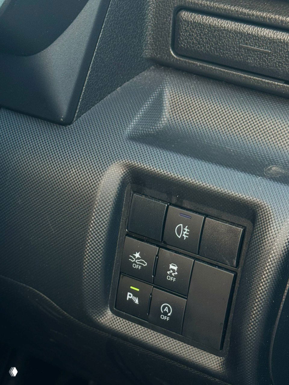 Блок кнопок управления системами безопасности и помощи водителю на панели слева от руля, крупный план кнопок и индикаторов.