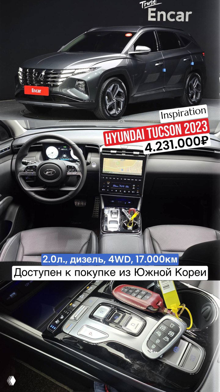 Hyundai Tucson 2023 спереди и интерьер: рулевое колесо, медиасистема и элементы управления; указаны технические параметры и цена.