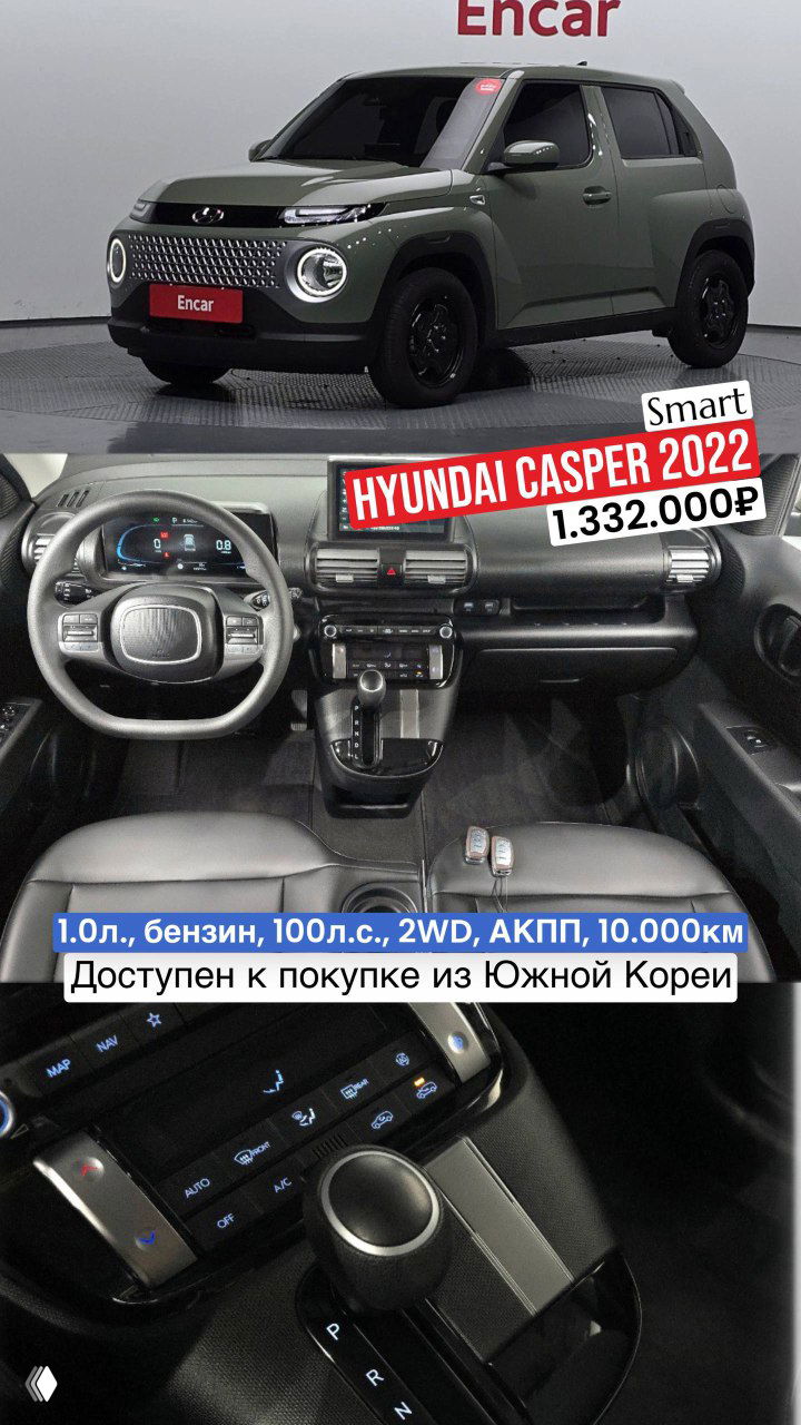 Тёмно‑зелёный Hyundai Casper 2022 в варианте Smart: внешний вид, интерьер и элементы управления, цена 1.332.000₽ во Владивостоке.