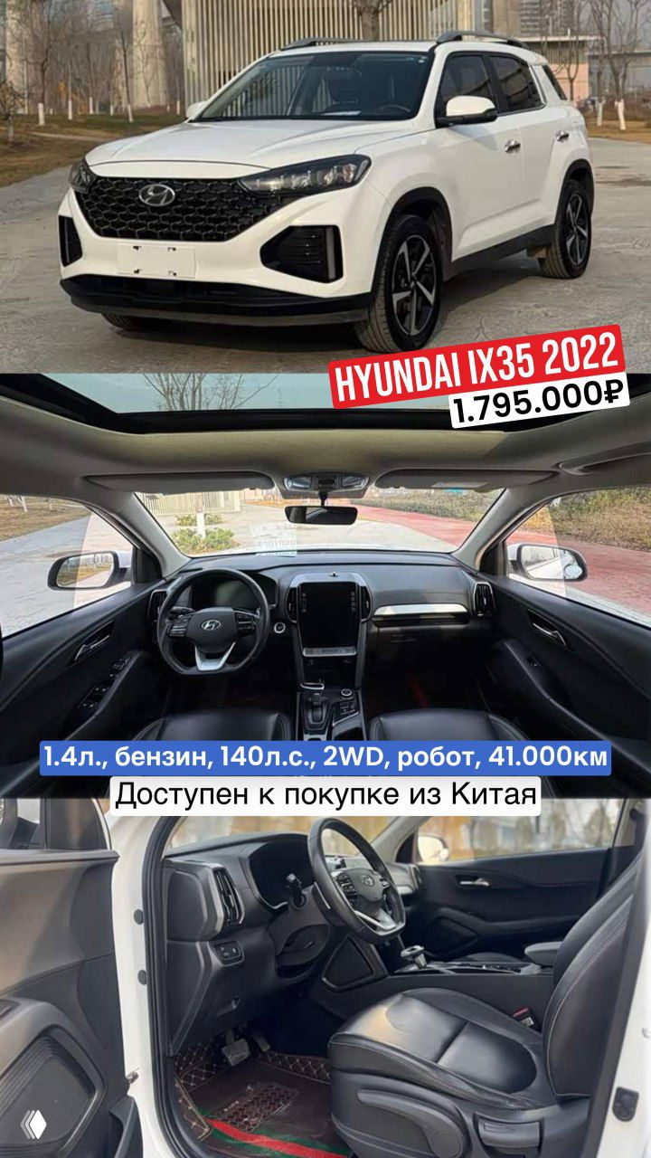 Белый Hyundai ix35 2022 на стоянке и интерьер: панорама салона, приборная панель и водительское место; в объявлении цена 1.795.000₽ и пробег 41.000 км