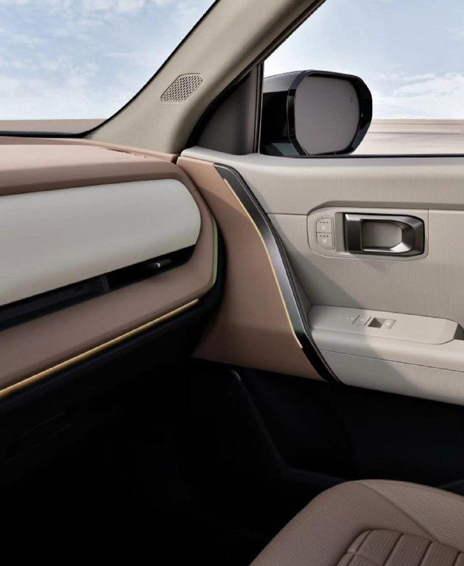 Фрагмент интерьера KIA Seltos 2026 — декоративная накладка на дверной панели и вид наружного зеркала в контексте салона.