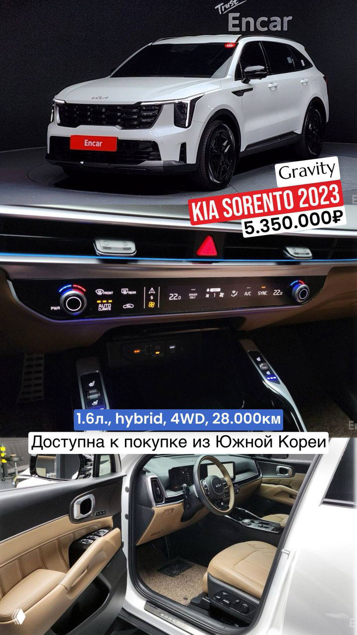 Коллаж KIA Sorento 2023: белый кроссовер и интерьер с приборной панелью, указана цена 5.350.000₽, отмечено hybrid и 4WD, доступен из Южной Кореи.
