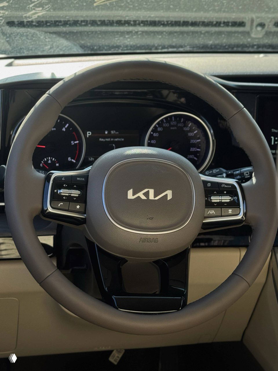 Крупный план рулевого колеса KIA с логотипом; видно приборную панель и элементы управления, интерьер минивэна в чистом состоянии.