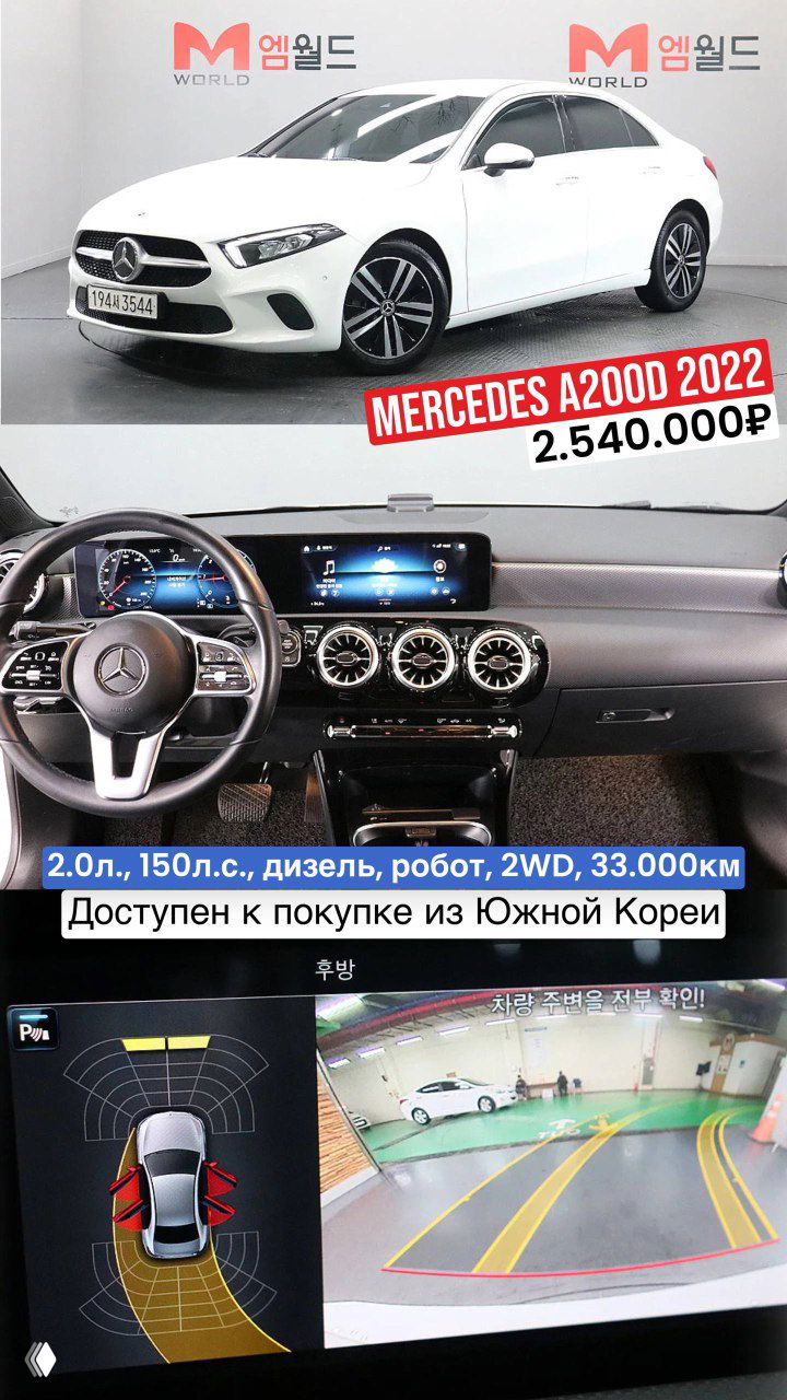 Коллаж: белый Mercedes A200d 2022 с оформлением салона и навигационным экраном — цена 2.540.000₽, пробег 33.000 км, была замена крышки багажника.