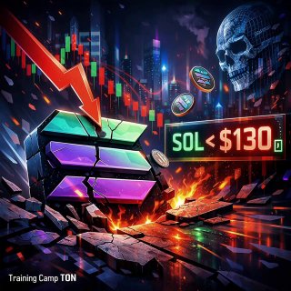 Иллюстрация: цифровая сцена с логотипом Solana и ценой SOL < $130, красная стрелка вниз, монеты и символический череп на неоновом фоне