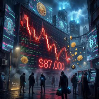 Иллюстрация падения крипторынка: ночной городской пейзаж с красным нисходящим графиком и крупной надписью $87,000 на фоне символов криптовалют.