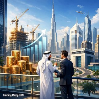 Вид на деловой район Дубая с небоскрёбами (включая Бурдж-Халифа), строительными кранами, стопкой монет и графиком роста — символ инвестиций и расширения DIFC.