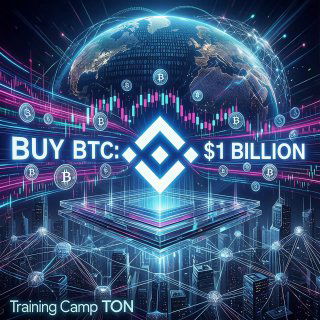 Иллюстрация: цифровая сцена с глобальной картой и графиками цен биткоина, логотип Binance и надпись «BUY BTC: $1 BILLION» на фоне сети.