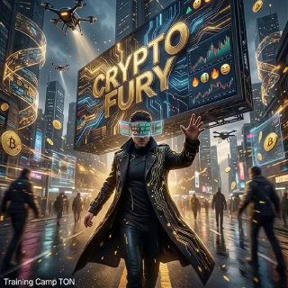 Киберпанк-иллюстрация: мужчина в плаще и VR-гарнитуре на фоне неонового города, билборд «Crypto Fury» и летающие монеты BTC