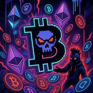 Неоновая иллюстрация крипторынка: пиксельный знак Bitcoin с черепом в центре, окружённый символами Ethereum и альткоинов.