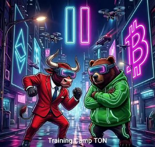Иллюстрация: неоновый городской пейзаж с быком в красном костюме и медведем в зелёном худи, логотипы BTC и ETH, дроны — символ волатильности крипторынка.