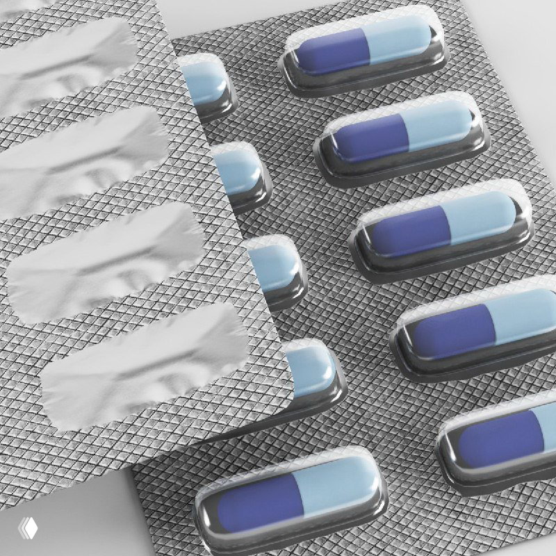 Макроснимок блистера с синими капсулами и алюминиевой покровной фольгой, иллюстрация push-through и lidding-функции упаковки.