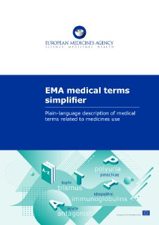 Обложка PDF-файла «EMA Medical Terms Simplifier»: логотип European Medicines Agency сверху, синий баннер и графические элементы; название документа видно.