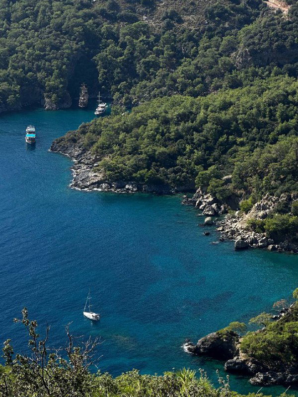 Бухта с яхтами и каменистым берегом, глубокий сине-зеленый цвет воды и заросли кипарисов на склонах — тихая морская бухта на тропе.