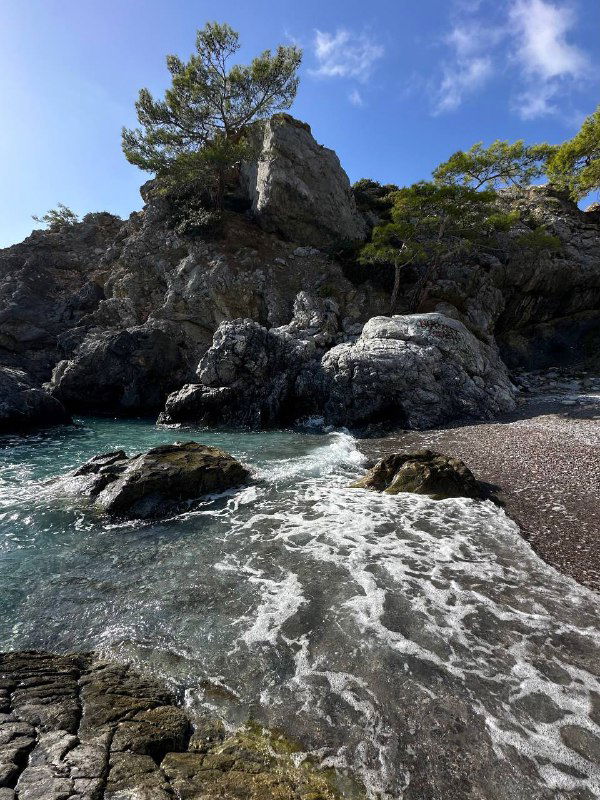 Скалы у воды с волнами и морской пеной, темные камни и прибрежная растительность — драматичный фрагмент побережья рядом с пляжем.