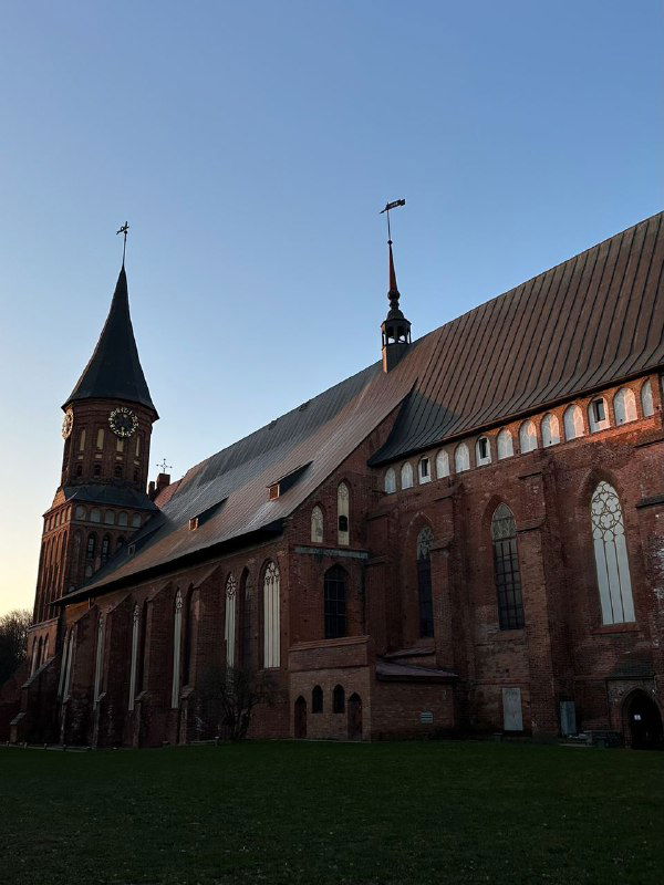 Готический Кафедральный собор на острове Канта в Калининграде: кирпичная кладка, высокий шпиль и мягкое вечернее освещение архитектурного ансамбля.