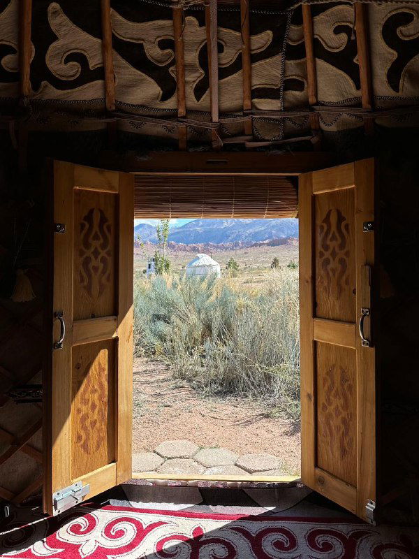 Вид из открытого дверного проёма юрты на степной пейзаж и горы вдали, тёплый интерьер создаёт контраст с холодной природой снаружи.