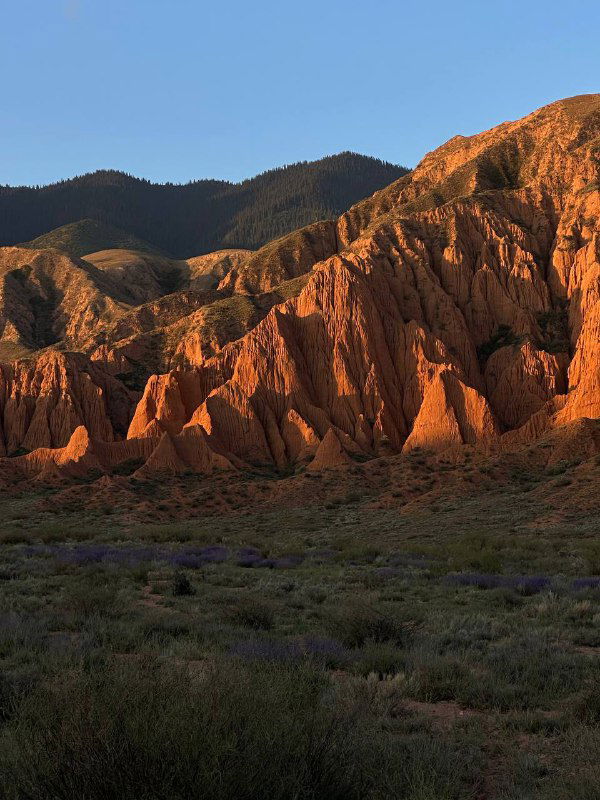Огненно‑красные скальные формации и зубчатые гребни в кыргызском каньоне, драматичный пейзаж с выраженной текстурой и игрой света.