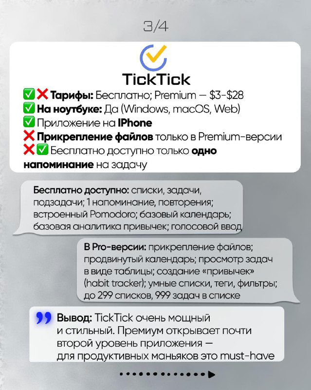 Слайд с карточкой TickTick: преимущества, премиум-функции, напоминания и заметки о гибкости приложения для продуктивности.