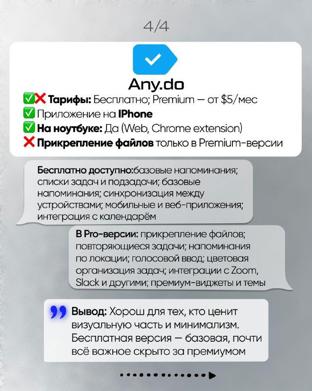 Слайд с карточкой Any.do: информация о тарифах, доступности на iPhone и вебе, а также о прикреплении файлов в премиум-версии.