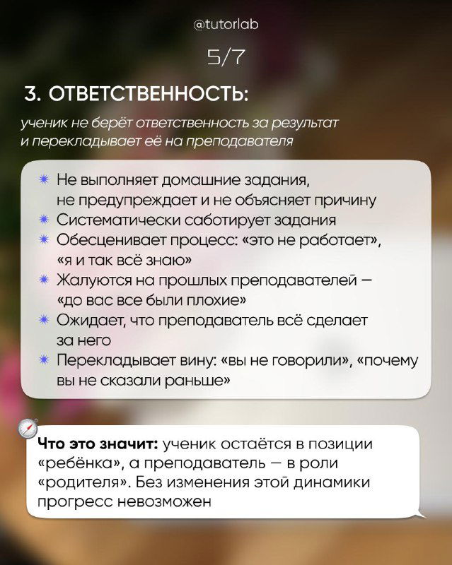Слайд про ответственность: ученик не берёт ответственность за результат, перекладывает вину на преподавателя или внешние обстоятельства.