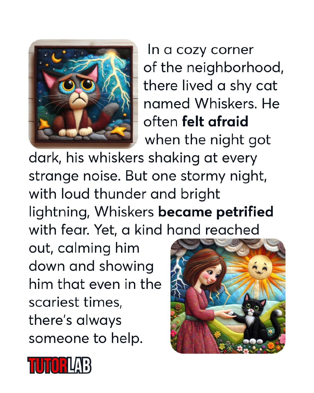 Страница с английским текстом и красочной иллюстрацией: история про застенчивого кота Whiskers, где используются слова afraid и petrified.