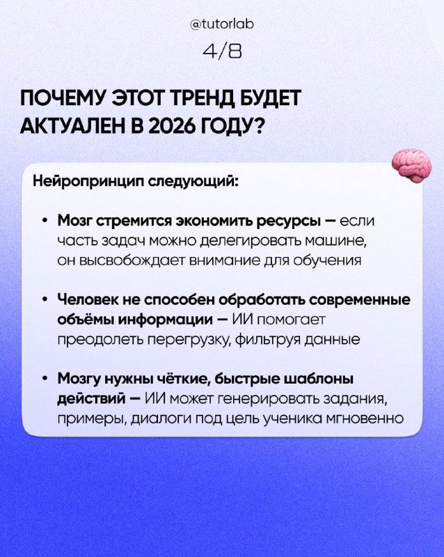 Слайд с заголовком «Почему этот тренд будет актуален в 2026 году?» и перечислением нейропринципов, влияющих на обучение и делегирование задач.