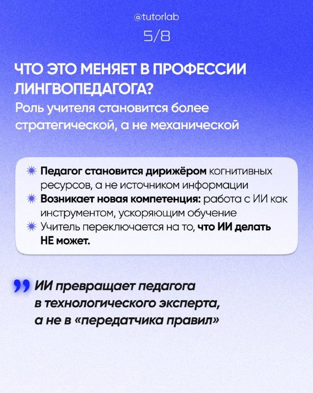 Слайд о том, что меняется в профессии лингвопедагога: роль учителя как дирижера ресурсов и появление новой компетенции работы с ИИ.