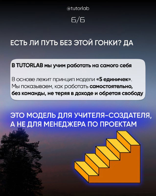 Графика с лестницей и текстом о модели работы в TUTORLAB: работать на себя как учитель‑создатель, а не менеджер проектов, путь к свободе.