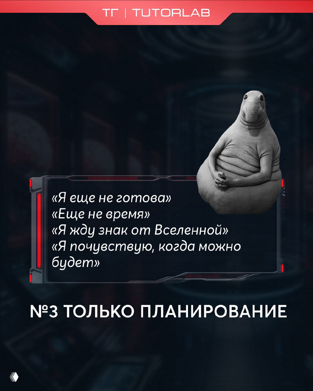 Панель 3: заголовок «№3 ТОЛЬКО ПЛАНИРОВАНИЕ», фразы про откладывание и мем-существо на тёмном фоне — про прокрастинацию и ожидание знака.