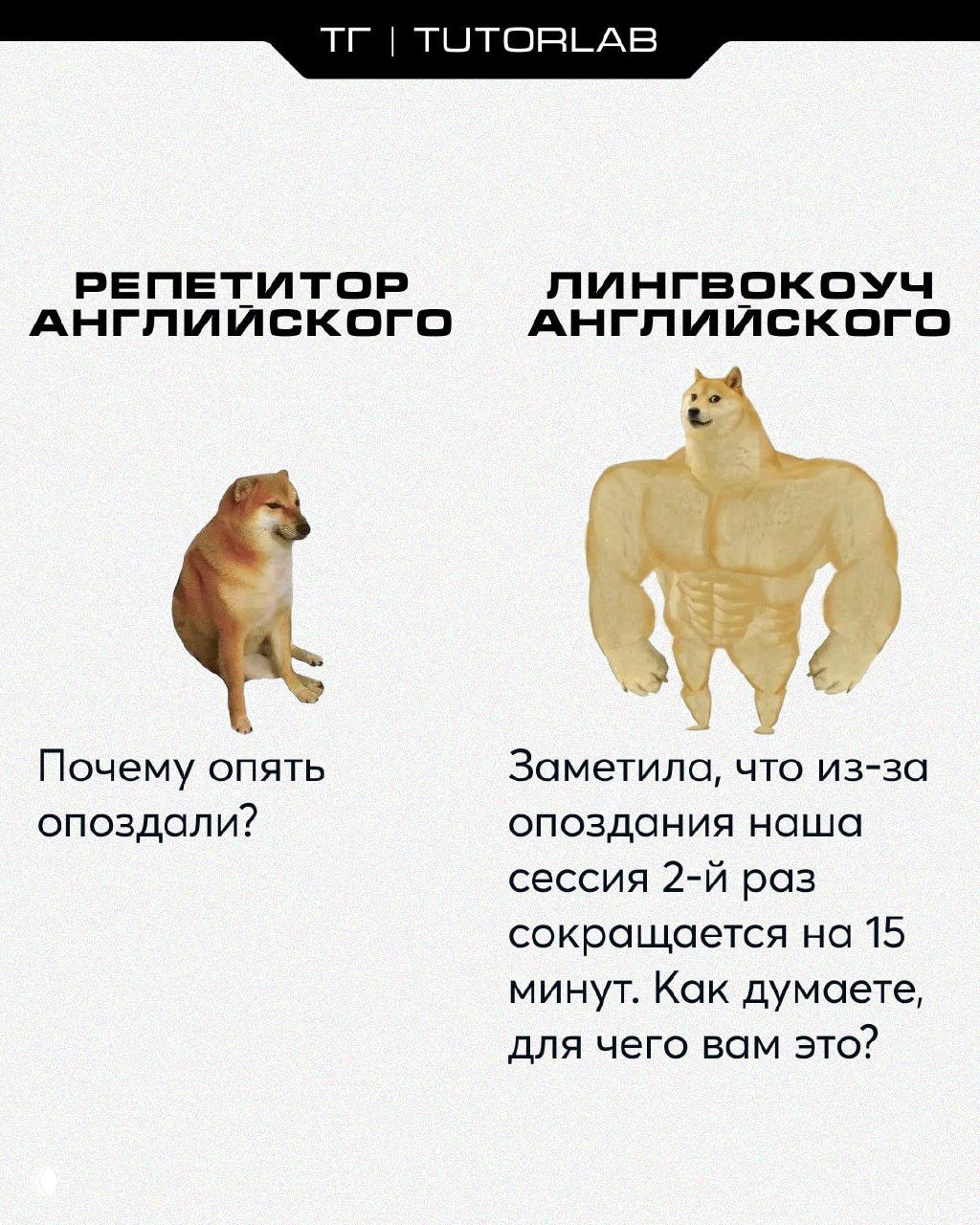 Мем с двумя Doge: слева грустный репетитор с упрёками, справа сильный лингвокоуч с поддержкой и контрастом подходов.