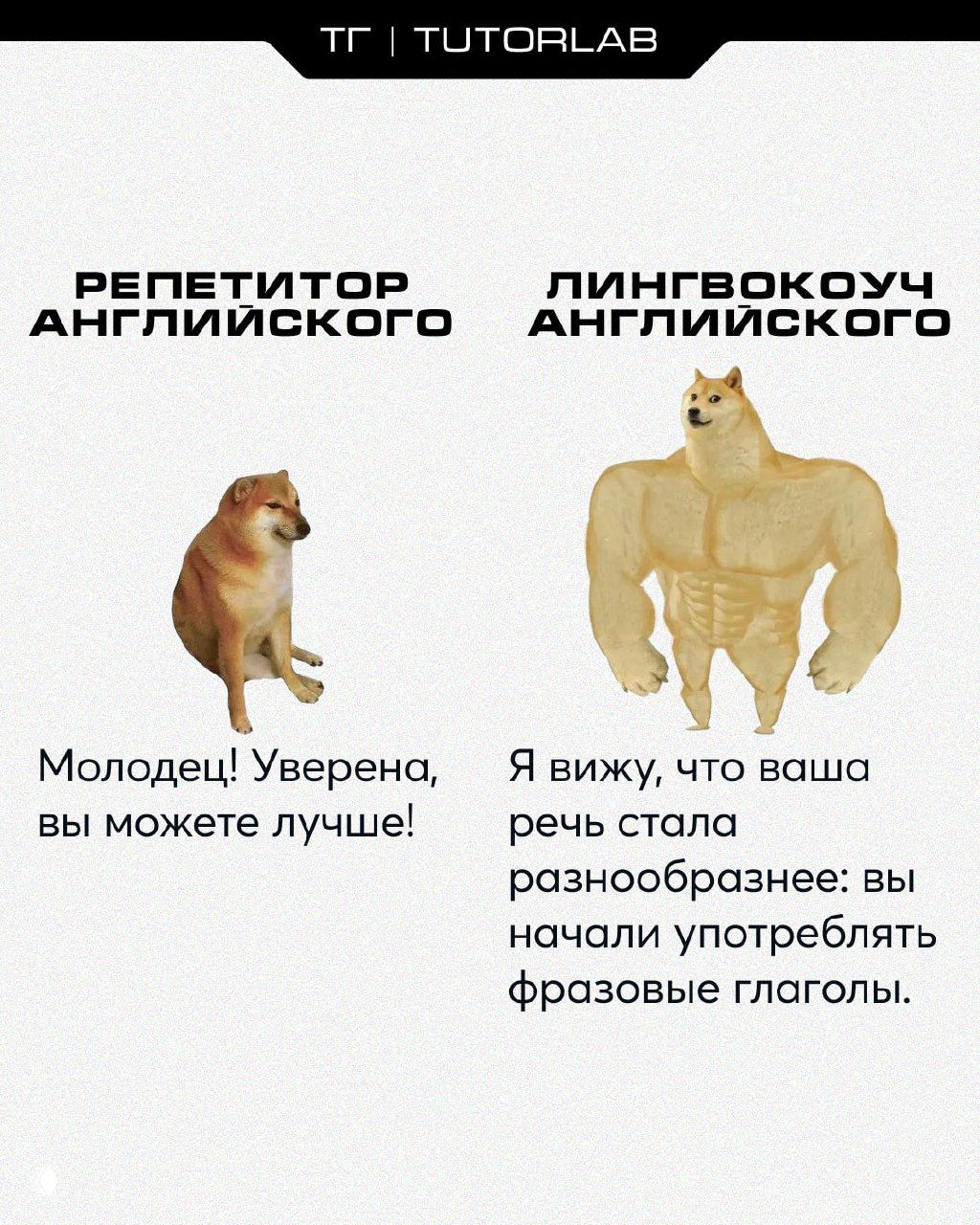 Мем с двумя Doge: слева грустный репетитор с упрёками, справа сильный лингвокоуч с поддержкой и контрастом подходов.