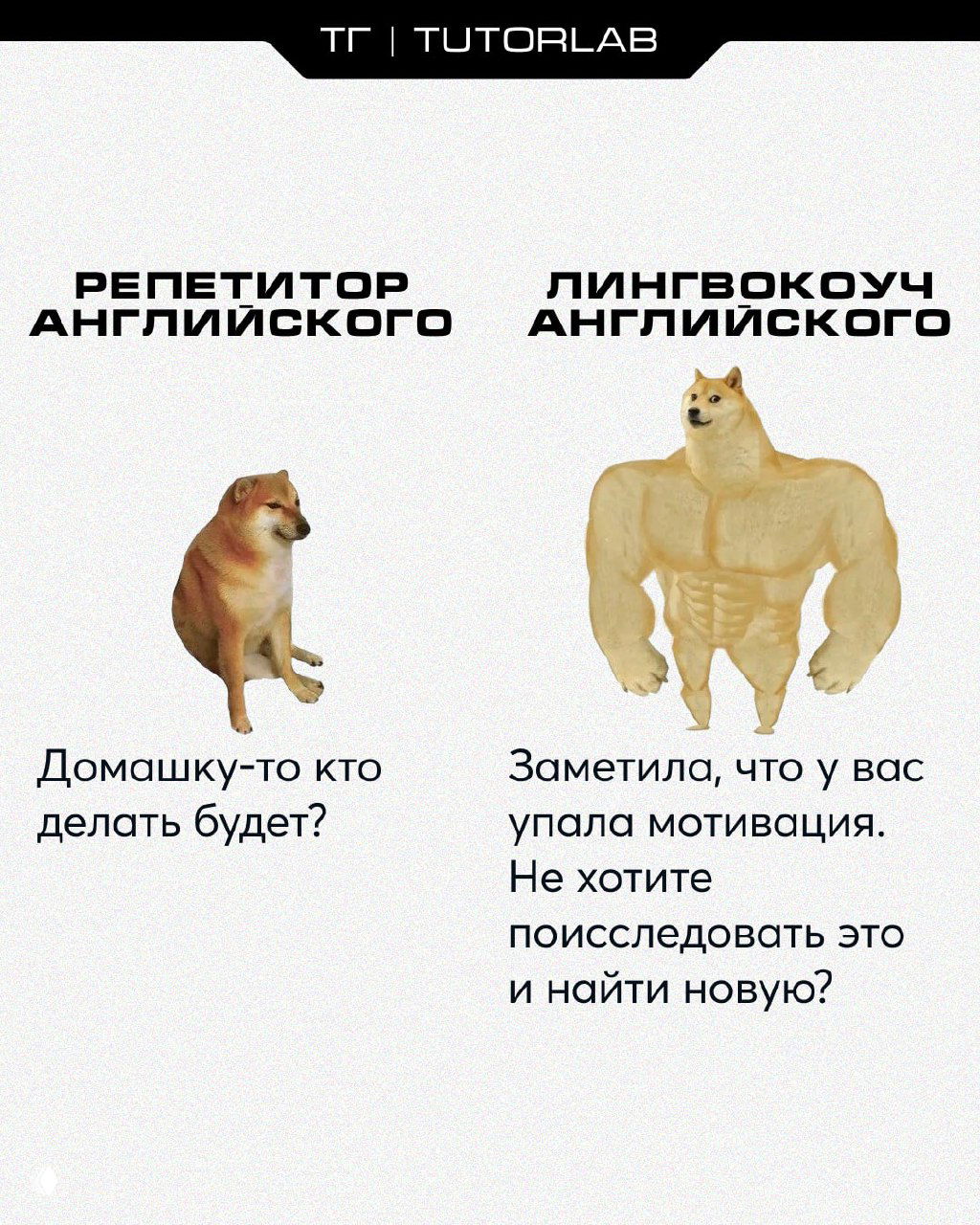 Мем с двумя Doge: слева грустный репетитор с упрёками, справа сильный лингвокоуч с поддержкой и контрастом подходов.