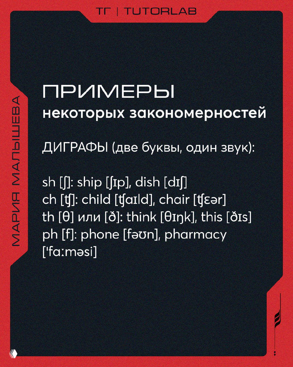 Чёрный слайд с заголовком «Примеры некоторых закономерностей» и список диграфов (sh, ch, th, ph) с примерами и транскрипцией на английских словах.