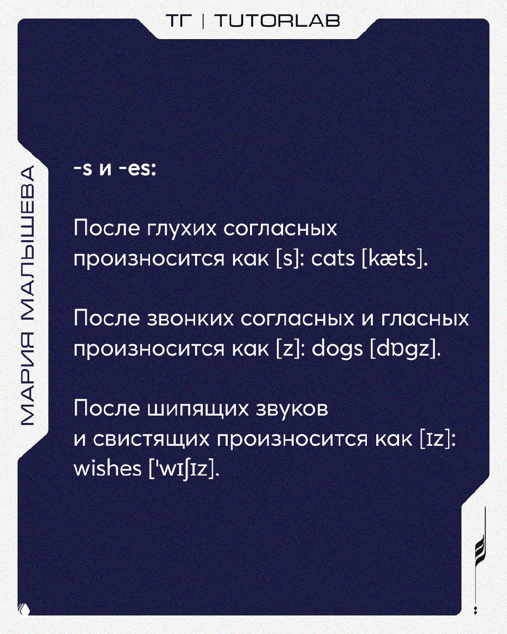 Слайд про произношение множественного числа (-s и -es): разъяснение звучания после глухих, звонких и шипящих с примерами cats, dogs, wishes с транскрипцией.