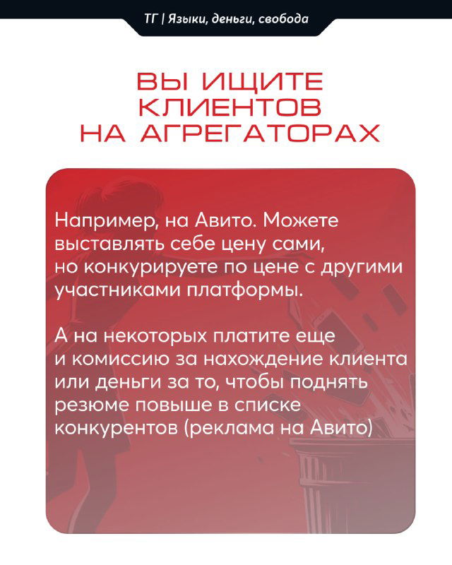 Слайд карусели: заголовок про поиск клиентов на агрегаторах (Avito), красно‑белая карточка с текстом о комиссиях и конкуренции между репетиторами.