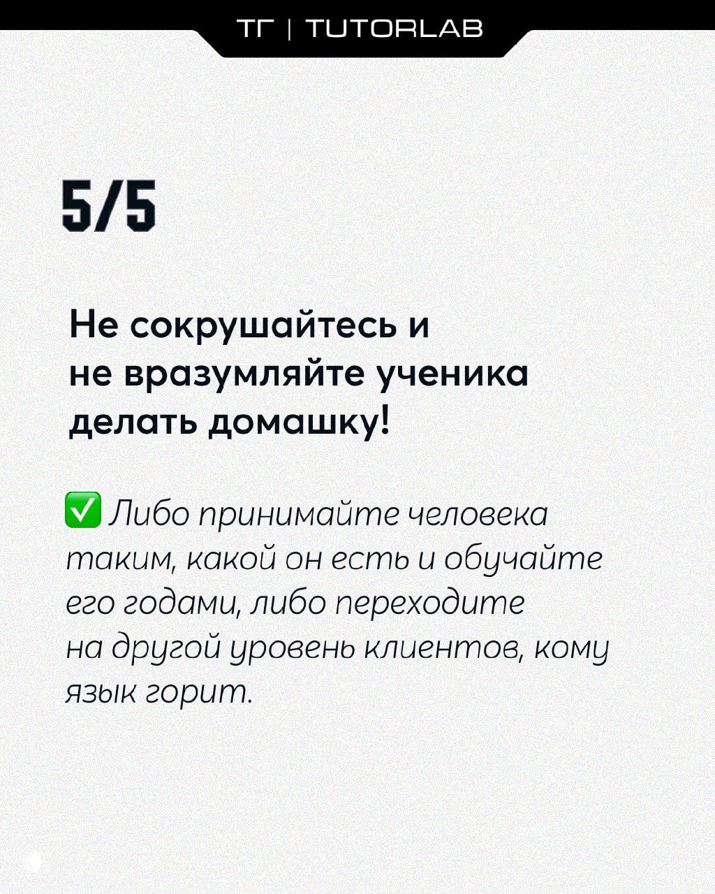 Слайд 5/5: совет не сокрушать ученика и не принуждать выполнять домашку; принимать человека таким, какой он есть или менять целевую аудиторию.