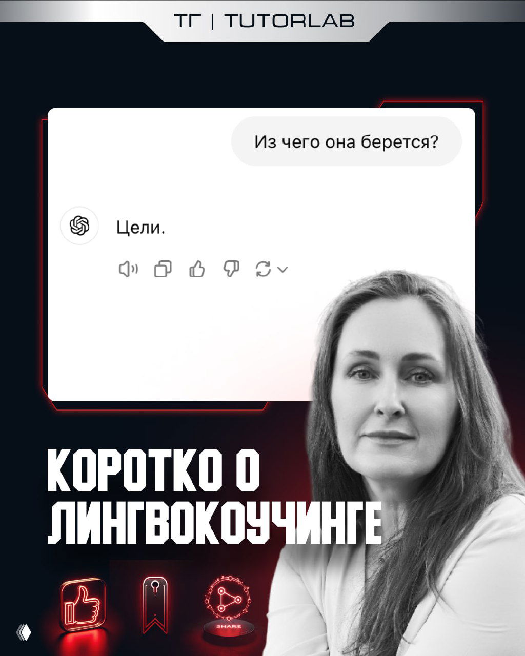 Финальный слайд: ответ «Цели.» и портрет автора/ведущей на тёмном фоне с подписью «Коротко о лингвокоучинге» — итоговая мысль о мотивации и целях.