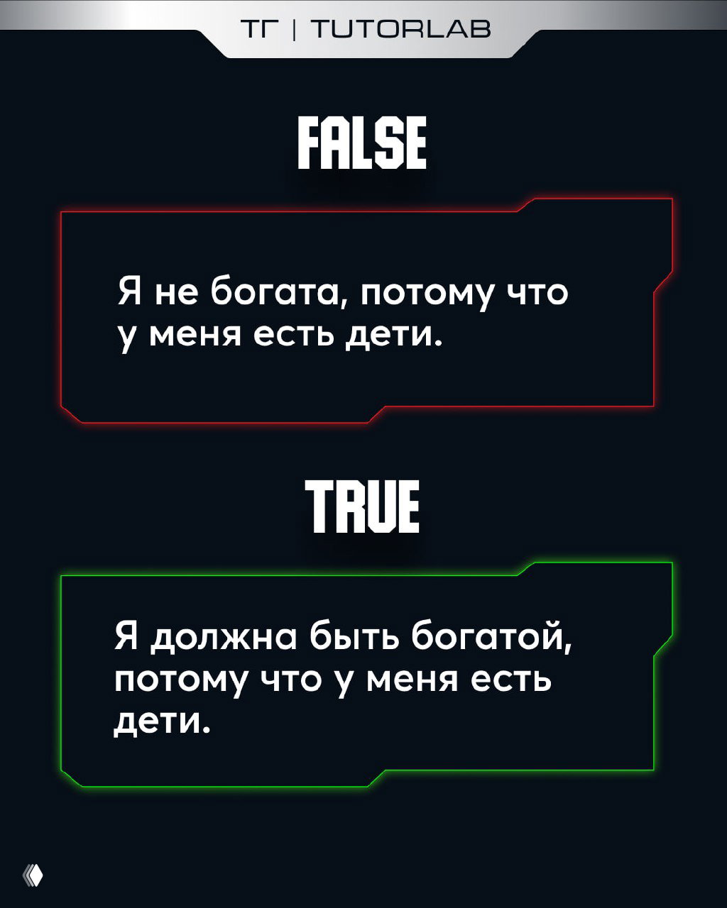 Ещё один слайд в стиле TUTORLAB: FALSE/TRUE блоки с примерами установок типа «я не богата, потому что у меня есть дети» и альтернативой.